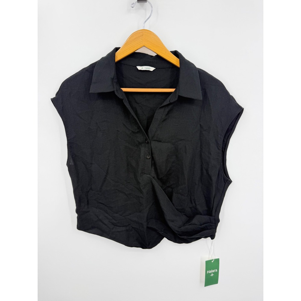 Halara Twisted Front Crop Blouse Top Women L‎ Black Sleeveless Collared V-Neck